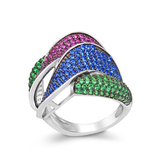 SILVER THAI Wavy green, blue and purple clitoris ring.แหวนคลิตัสสีเขียวสีน้ำเงินและม่วงเป็นคลื่นเงินแท้925