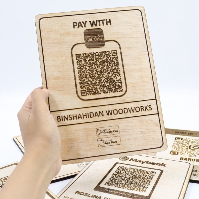 Ewallet QR CODE MAE + Tapak / Maybank QRPAY/ TNG/ Grab Pay WOOD พร้อมขาตั้ง MY SEJAHTERA LASER ENGRA