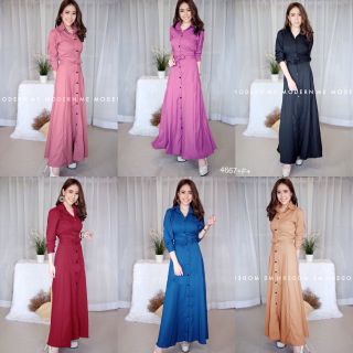 TW4667 Maxi Dress แม็กซี่เดรสเชิ้ตแขนยาว สีพื้น งานเชิ้ตแต่งคอปกกระดุมช่วงหน้ายาว