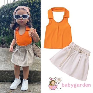 Babygarden-1-6 ปี เด็กผู้หญิง แขนกุด ยาง สีพื้น ปกเสื้อ เชือกแขวนคอ + กระโปรง พร้อมชุดเข็มขัด