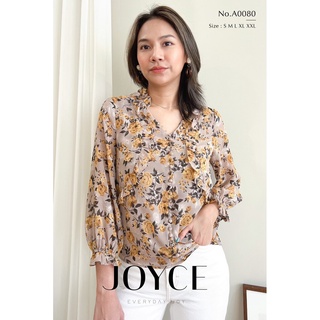 A0080 เสื้อ JOYCE ชีฟองพิมพ์ลายดอกสวยหวาน คอวีมีกระดุมติดยาว ตัดต่อแต่งระบายโค้งที่ลำตัวช่วงอก ดูเพรียว ทรงแขน 3 ส่วน...