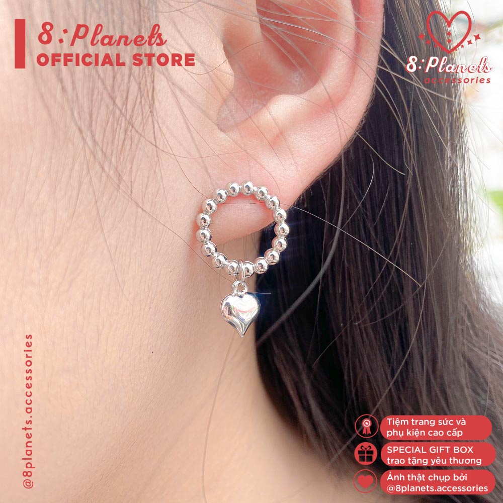 [ขายดี] 8 Planets Lovely Heart Beaded Silver ต่างหู