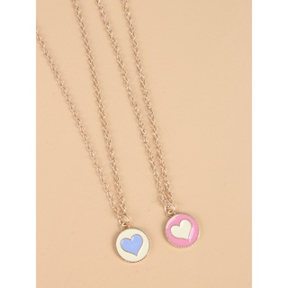 สร้อยคอคู่ จี้หัวใจ 2pcs Blue and Pink Heart Decor Round Charm Necklace