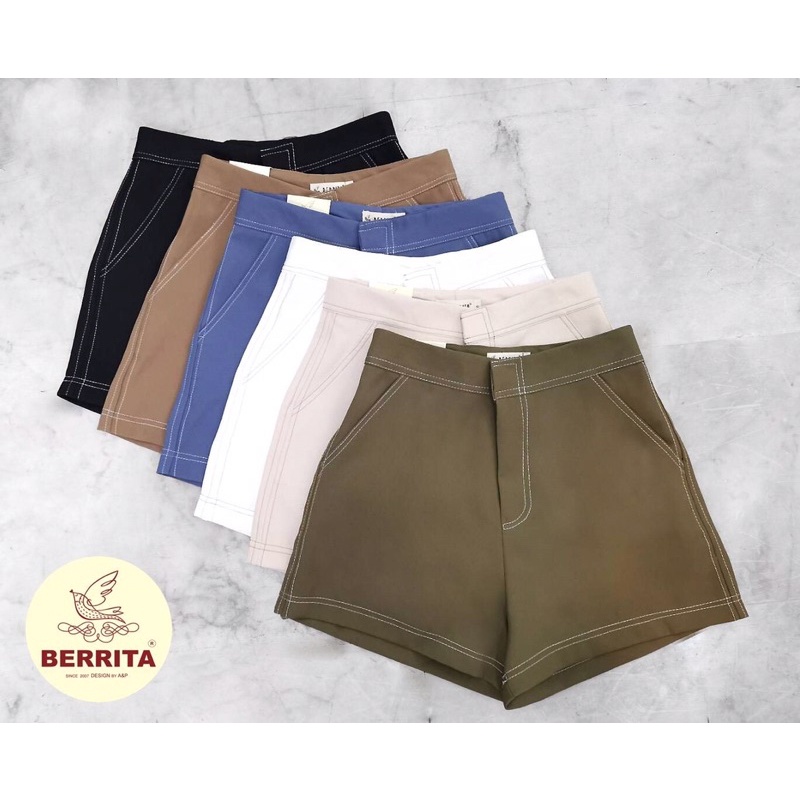 กางเกงขาสั้นเอวสูงberrita ดีเทลแต่งตะเข็บตัดสีกางเกงสุดเก๋