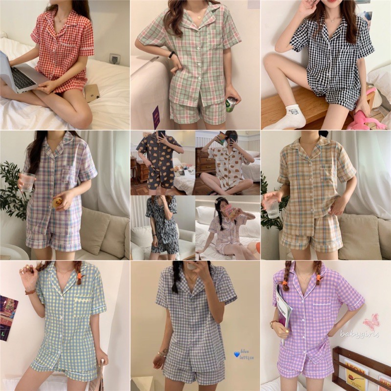[โปรโมชั่นลูกค้าใหม่ 1 บาท] พร้อมส่ง ชุดนอนคอปกเสื้อแขนสั้นกระดุมหน้า กางเกงขาสั้นเอวยางยืด ลายสก๊อตสุดฮิต มาใหม่