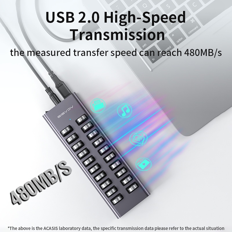 Acasis ฮับ Usb 2.0 20 พอร์ต พร้อมฮับขยายพลังงาน ชาร์จโทรศัพท์มือถือ และส่งข้อมูล