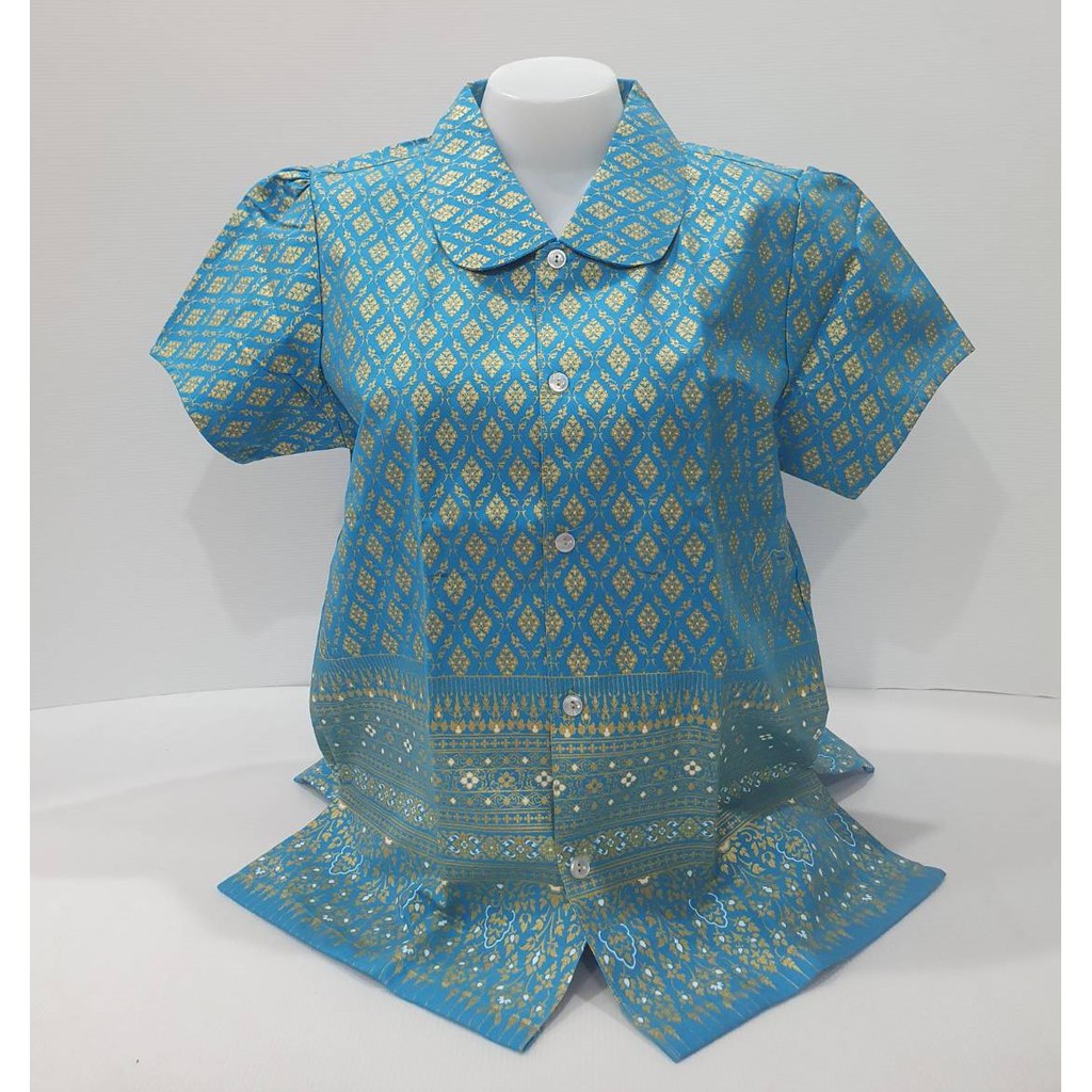 เสื้อลายไทยคอบัว ผ้าพิมพ์ทอง - สีฟ้าลายไทย1 ผู้หญิง