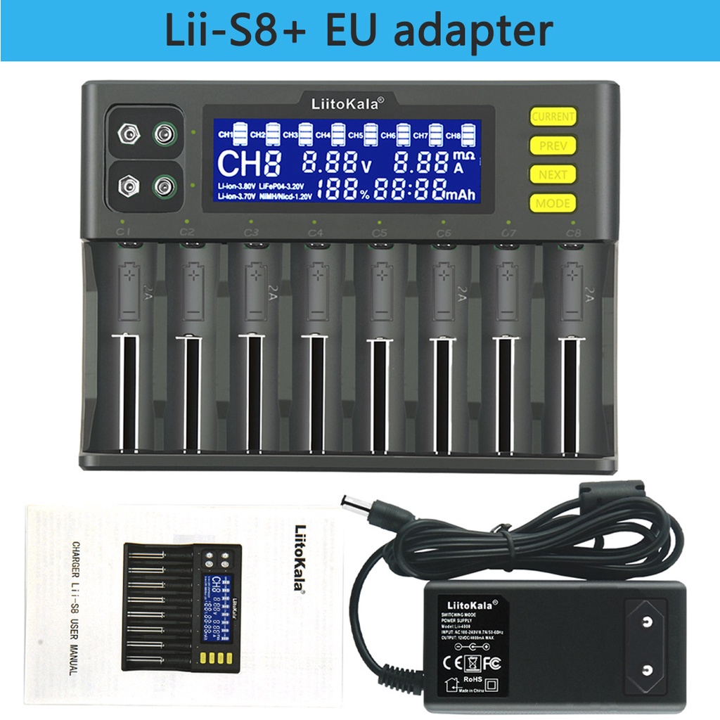 เครื่องชาร์จถ่าน LiitoKala Lii-S8 ชาร์จได้ 8 ก้อน รองรับ 26650，21700，20700, 18650, 18490, 18350 AA A