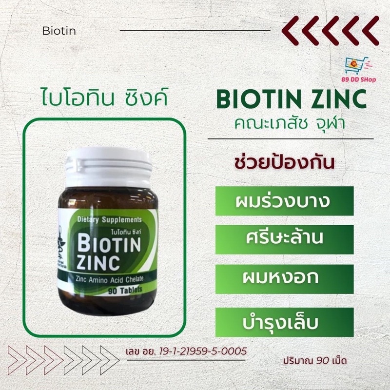 Biotin Zinc คณะเภสัช จุฬา 90 เม็ด ไบโอทิน ซิงก์ ไบโอติน ช่วยป้องกันผมหงอก ศรีษะล้าน แก้ผมร่วง ผมบาง 