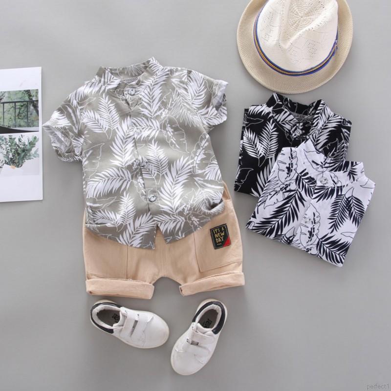 เสื้อยืดแขนสั้นลําลอง ผ้าฝ้าย ลายใบไม้ และกางเกงขาสั้น สไตล์เกาหลี สําหรับเด็กผู้ชาย จํานวน 2 ชิ้น ต่อชุด