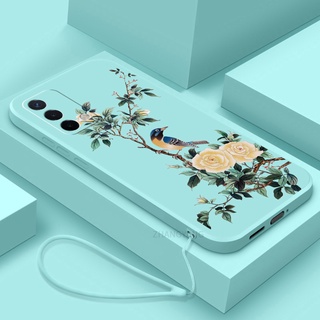 เคสโทรศัพท์มือถือ TPU นิ่ม ขอบตรง ลายดอกไม้ และนก พร้อมสายคล้อง สําหรับ oppo a74 a95