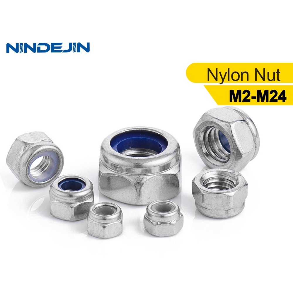 NINDEJIN ไนลอนล็อค Nut 304 สแตนเลส Hex หกเหลี่ยม Locknut M2 M2.5 M3 M4 M5 M6 M8 M10 M12 M14 M16 M20 M24 ไนลอน Nut Din985
