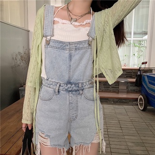 Many Jeans Shorts Overalls เอี๊ยมกางเกงยีนส์ขาสั้นเอวสูงพร้อมส่ง