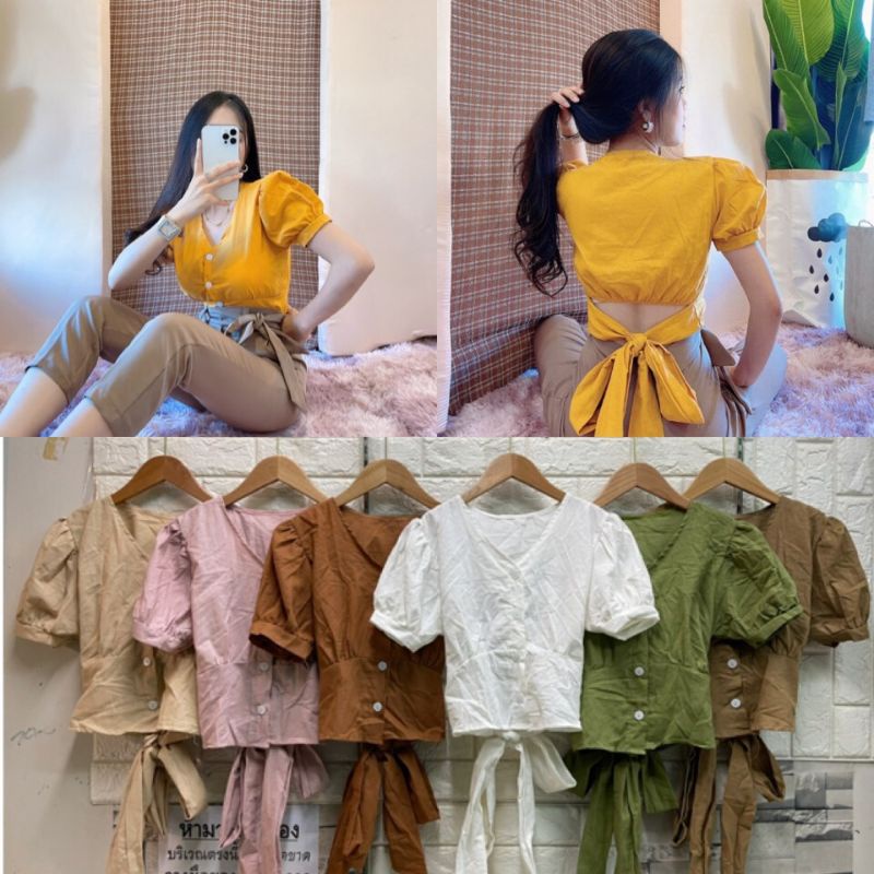 เสื้อครอปแฟชั่น แขนตุ๊กตา ผูกโบว์หลัง สม็อคหลัง