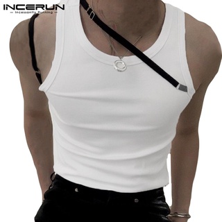 INCERUN Men Summer Patchwork Lace Up Strappy Slim Fit Casual Knit Tank Tops