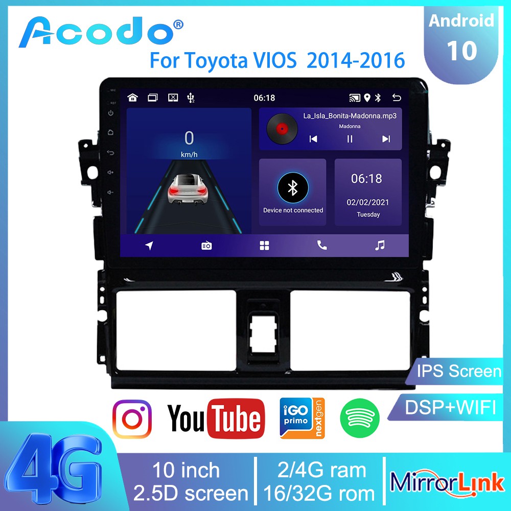 【ปลั๊กแอนด์เพลย์】Acodo เครื่องเล่นมัลติมีเดีย วิทยุรถยนต์ หน้าจอสัมผัส 10 นิ้ว 2G RAM 32G ROM Android 12.0 2.5D IPS สําหรับ Toyota Vios 2013-2016 Navigation 2 Din