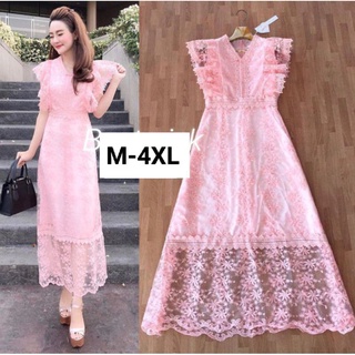 เดรสลูกไม้สีชมพู!!! M-4XL Maxi Dress เดรสสีชมพูทอลายลูกไม้แขนระบาย งานป้าย Love Love