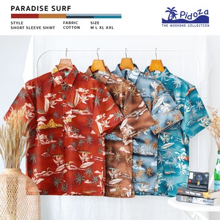 [ใหม่] เสื้อเชิ้ตแขนสั้น ลาย Paradise Surf 🏄 ผ้าคอตตอน สี Sunrise Red / Caramel Brown / Cool Grey / Sky Blue ไซส์ M - XL