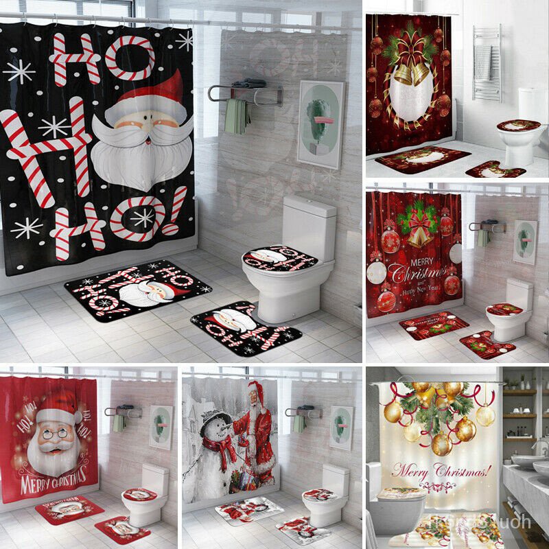 Merry Bathroom Set Snowman, Santa Shower Curtain Bath Sets