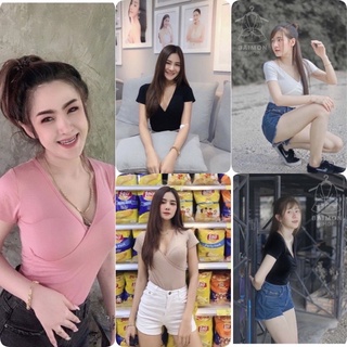 🔥🔥ขาย👚Dee Shop🔥🔥(A27)บอดี้สูท แขนสั้น ไขว้หน้า ผ้า2 ชิ้นเป้าแกะได้ ผ้าเรย่อน