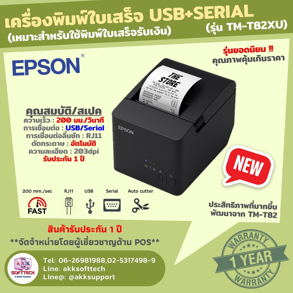 เครื่องพิมพ์ใบเสร็จ Epson TM-T82X รุ่นใหม่ ชัด/เร็ว/ทน Port USB (TM-T82XU)