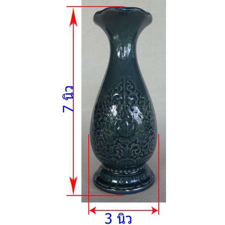 แจกัน size M เซรามิก สูง7นิ้ว ลายไทย สีน้ำเงิน โอทอปลำปาง otoplampang