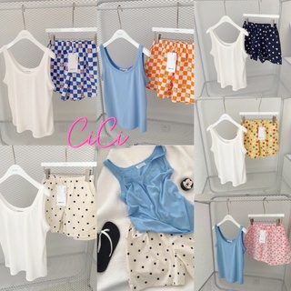Cici ❣🇹🇭🚚พร้อมส่ง❣(NO.C2005)เซตเสื้อกล้าม+กางเกงขาสั้นสกรีนลาย ใส่นอนเนื้อผ้าสบายสุดๆ