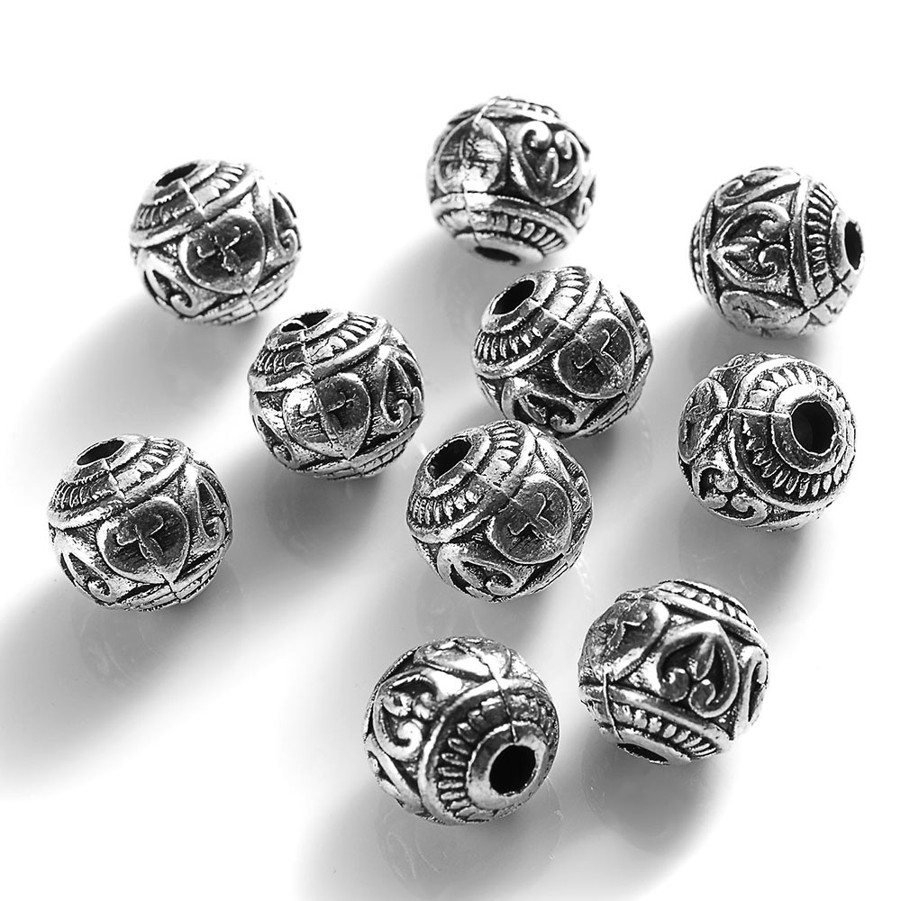 ลูกปัดโลหะทิเบต ทรงกลม หลวม สไตล์โบราณ สีเงิน ขนาด 8 มม. สําหรับทําเครื่องประดับ สร้อยข้อมือ DIY จํานวน 10 ชิ้น - รูปที่ 4