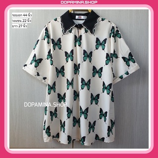 💥NEW พร้อมส่ง💥 [NEW041] เสื้อผ้าสาวอวบ เสื้อผ้าแฟชั่นผู้หญิง คอปก ลายผีเสื้อ รอบอก 44 นิ้ว [สีครีม]