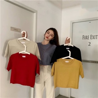 🥯 Barcony crop tee เสื้อครอปคอกลม แขนสั้น มี5สี แดง เหลือง เทา ดำ เบจ เนื้อผ้าคอตตอนผสม 🌈