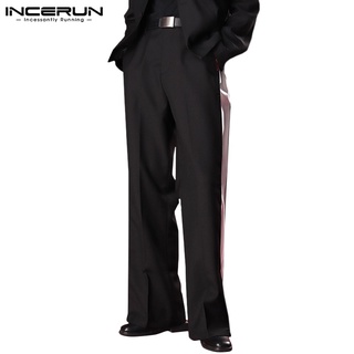 Incerun กางเกงขายาวลําลองแฟชั่นสําหรับผู้ชายขากว้างสีคมชัดสไตล์เกาหลี
