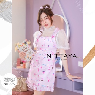 NITTAYA เซ็ทเดรสสั้นสีชมพู+เสื้อขาวซีทรูแขนตุ๊กตา+ ยางรัดผม