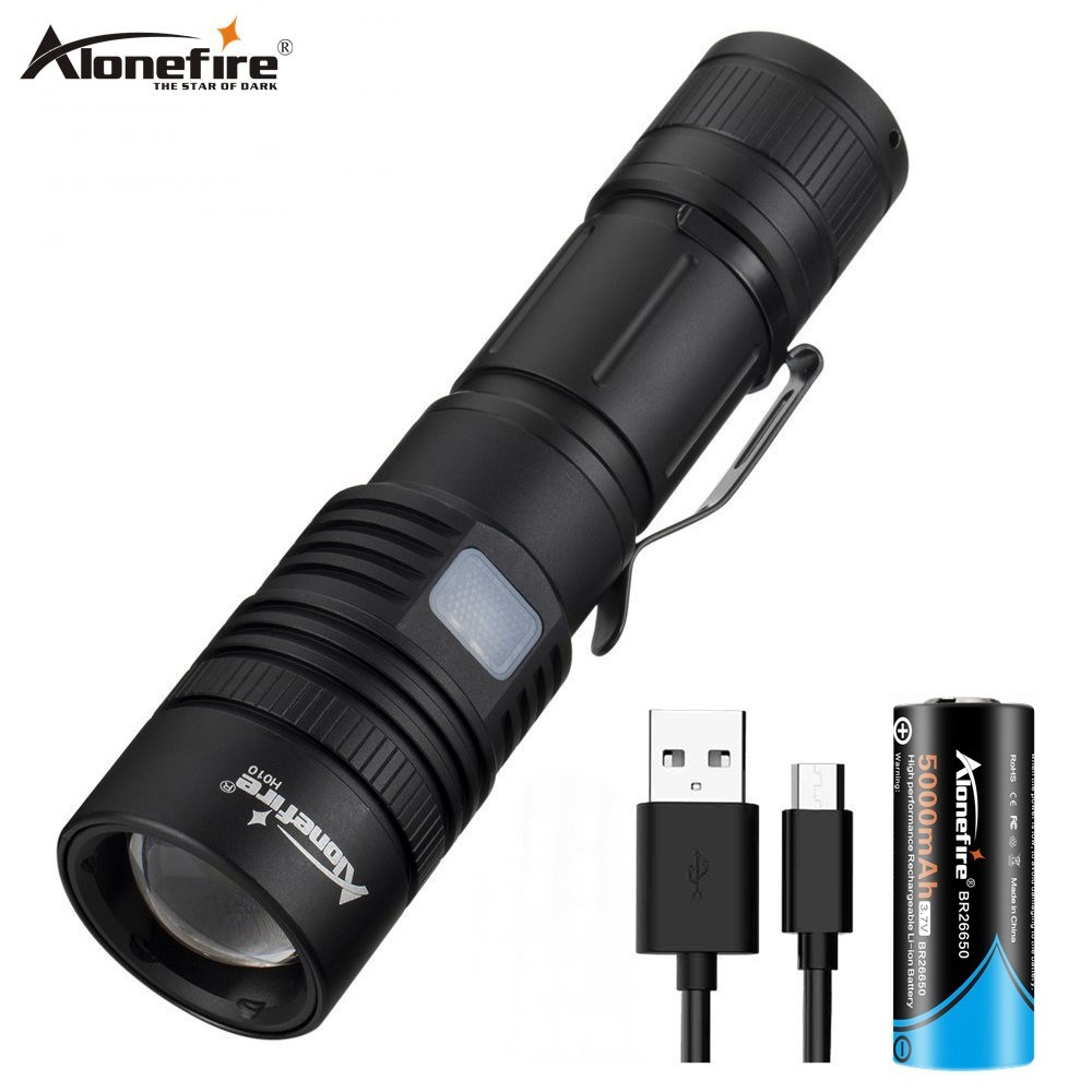 Alonefire H010 ไฟฉายแสงที่แข็งแกร่ง XHP50 Led USB ไฟฉายซูมสําหรับ 26650 แบตเตอรี่แบบชาร์จไฟได้ Camping