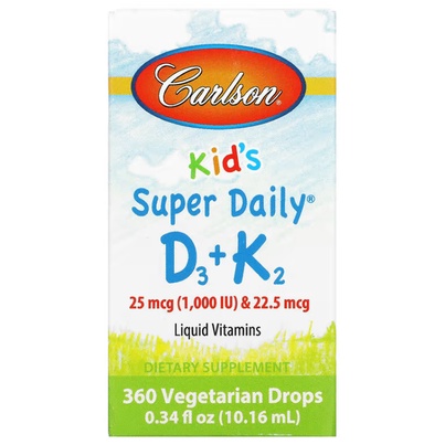📮พร้อมส่ง🇺🇲 Carlson Labs, Kid's, Super Daily D3+K2, 25 mcg (1,000 IU) & 22.5 mcg, 0.34 fl oz (10.16 