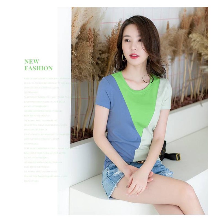 รุ่น147-คอกลมแขนสั้นเสื้อยืดผู้หญิงแฟชั่น สไตล์เกาหลีผ้าฝ้าย หน้าเสื้อและหลังเสื้อเป็นผ้าสามสีต่อกัน เพิ่มสีสันสวยงาม