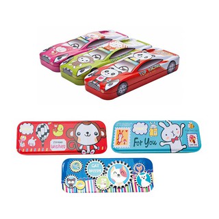 กล่องดินสอเหล็ก 2 ชั้น แพ็ค 3 อัน คละแบบ Steel pencil box 2 layers pack of 3 assorted designs.