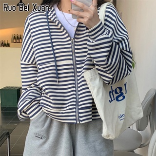 RUO BEI XUAN เสื้อคาร์ดิแกนแขนยาวซิปผู้หญิงใหม่ลายหลวมสบายๆเสื้อกันหนาวบาง