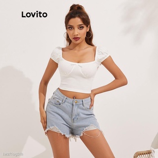 ♗❁Lovito เสื้อยืด แบบครอป ผ้าย่น ลายลูกไม้ สีคมชัด สีพื้น สไตล์ลำลอง L13X057 (สีขาว)