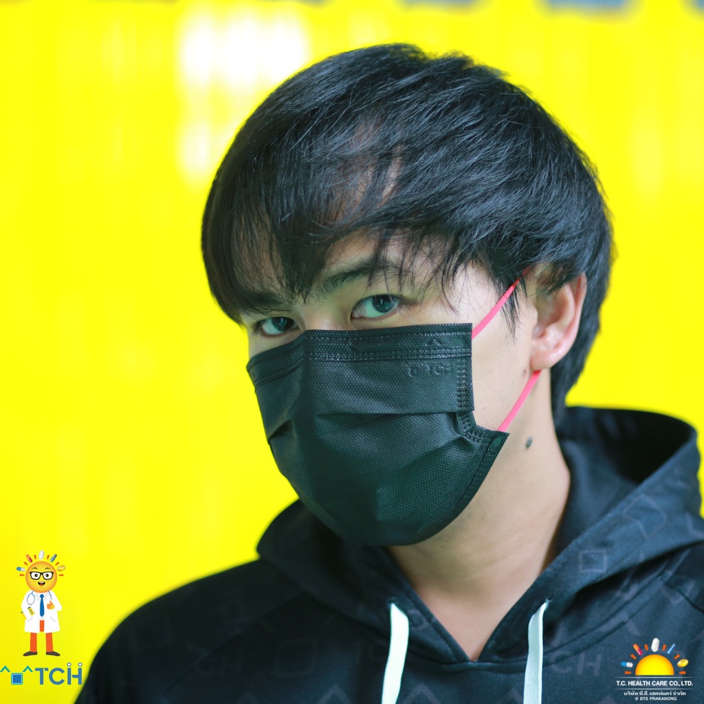 ^.^ T C H マスクin black RED earloop หน้ากากอนามัยทางการแพทย์สีดำ หู แดง 1กล่อง10ชิ้น