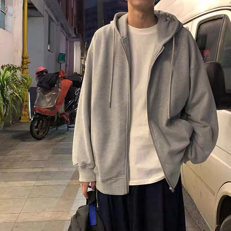 NEW🔥เสื้อคลุมมีฮู้ดผู้ชาย เสื้อคลุมแขนยาว กันร้อน กันหนาวมีซิปรูด มีหมวก สี ดำ เทา - รูปที่ 3