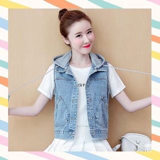K2💝แฟชั่น เสื้อกั๊กยีนส์ฮู๊ดถอดได้ กระเป๋าหน้า