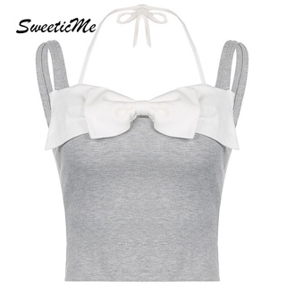 Sweeticme ใหม่ เสื้อสายเดี่ยว เปิดหลังเซ็กซี่ ประดับโบว์ สีตัดกัน สําหรับผู้หญิง 2022