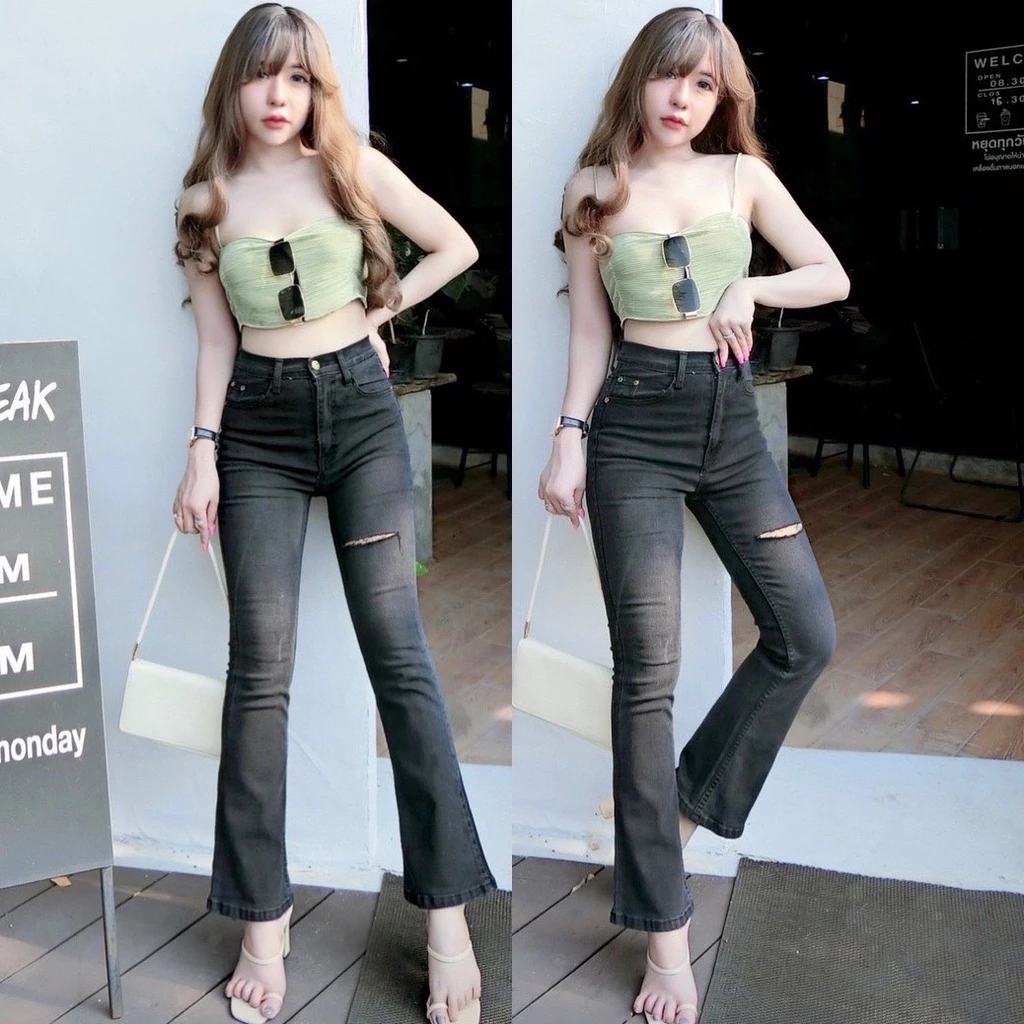CC jeans 133 178 S-5XL กางเกงยีนส์ผู้หญิง ทรงขาม้าเล็ก แต่งขาดสีเซอร์
