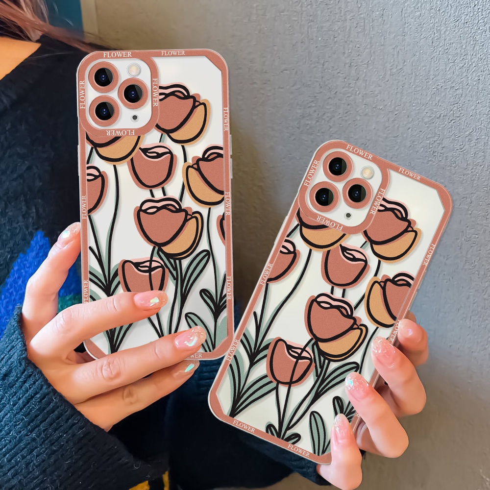 กล้องป้องกันกรณีสำหรับ for iPhone 11 13 14 15 Pro Max XR 7 8 Plus 12 13 Pro Max XS Max 14 Pro 15 Plus ดอกทิวลิป ปกหลัง