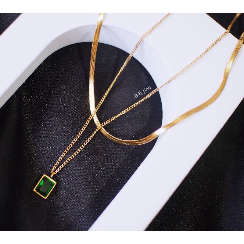 B.bสร้อยคอสแตนเลส2เลเยอร์ห้อยเพชรสีเขียว
