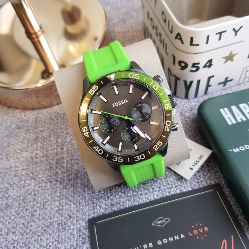 ผ่อน0%  FOSSIL Men’s Bannon Multifunction Green Silicone Watch BQ2501 สีดำ-ซิลิโคนเขียว
