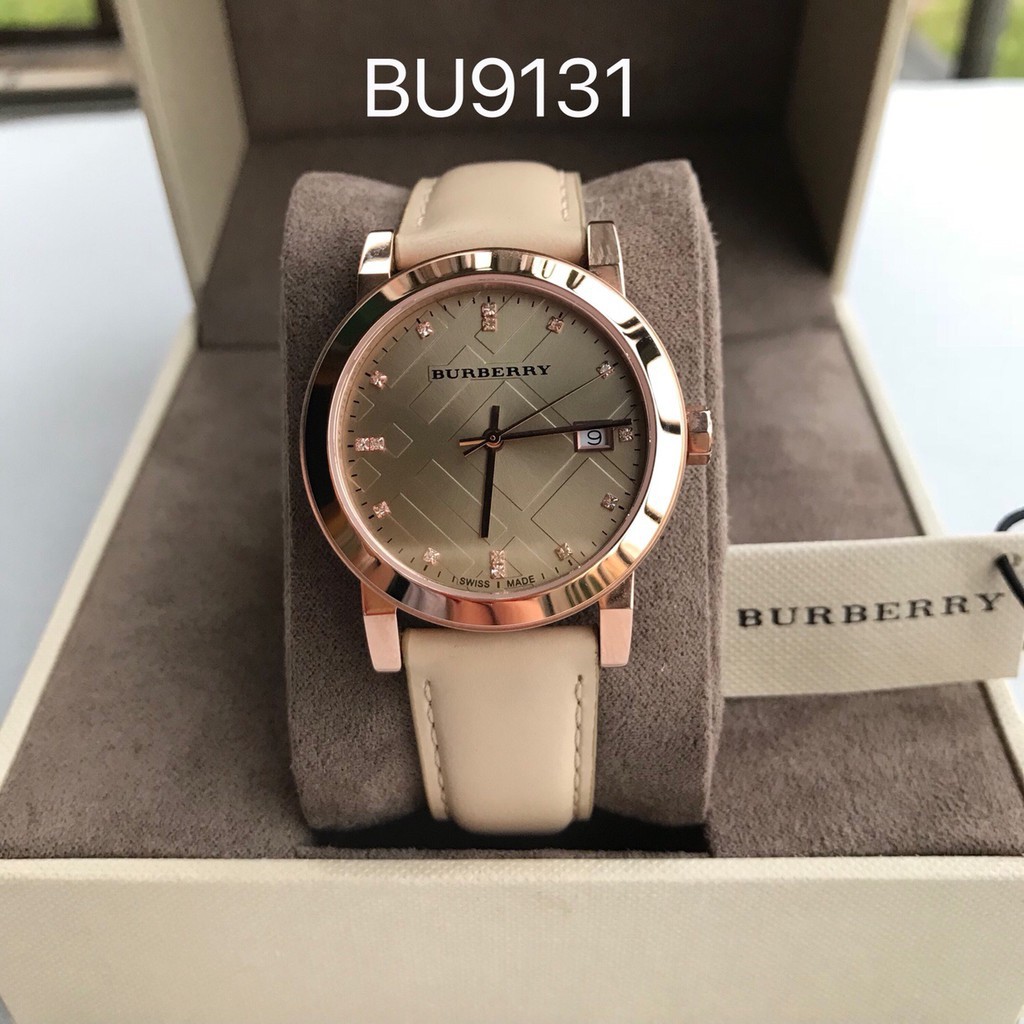 พร้อมส่ง‼️ นาฬิกาข้อมือ Burberry the city rosegold beige leather watch คริสตัล❗️ BU9131 -34mm