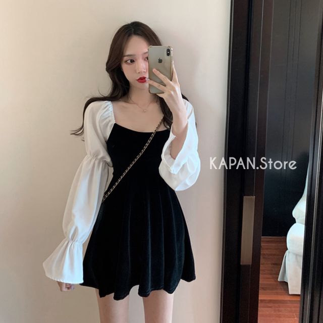 KAPAN พร้อมส่ง เดรสสั้น กำมะหยี่ สีดำ แขนยาวสีขาว ฟรีไซส์ เดรสสไตล์เกาหลี น่ารักสุดๆ KP26