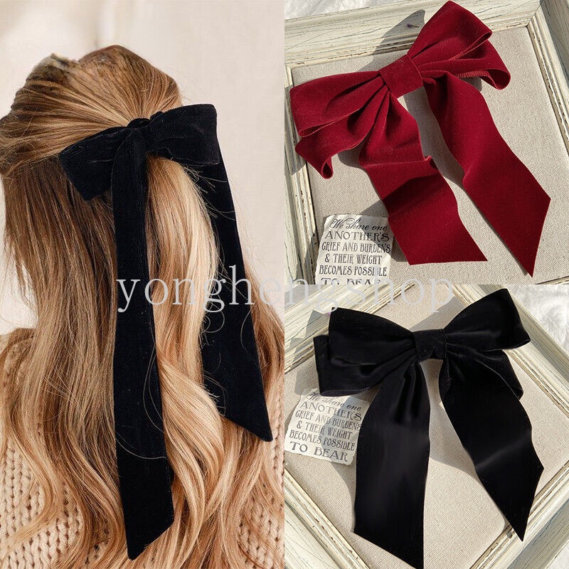 กิ๊บติดผมริบบิ้นยาว ผ้ากํามะหยี่ ประดับโบว์ ขนาดใหญ่ สีแดง สีดํา สไตล์วินเทจ เครื่องประดับ สําหรับผู้หญิง