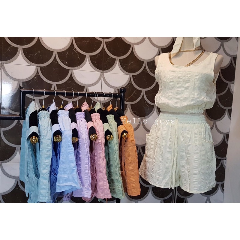 Colorful set เซตผ้าcandyจั๊มเอว2ชิ้น แถมฟรี ผ้าผูกผมทุกเซต